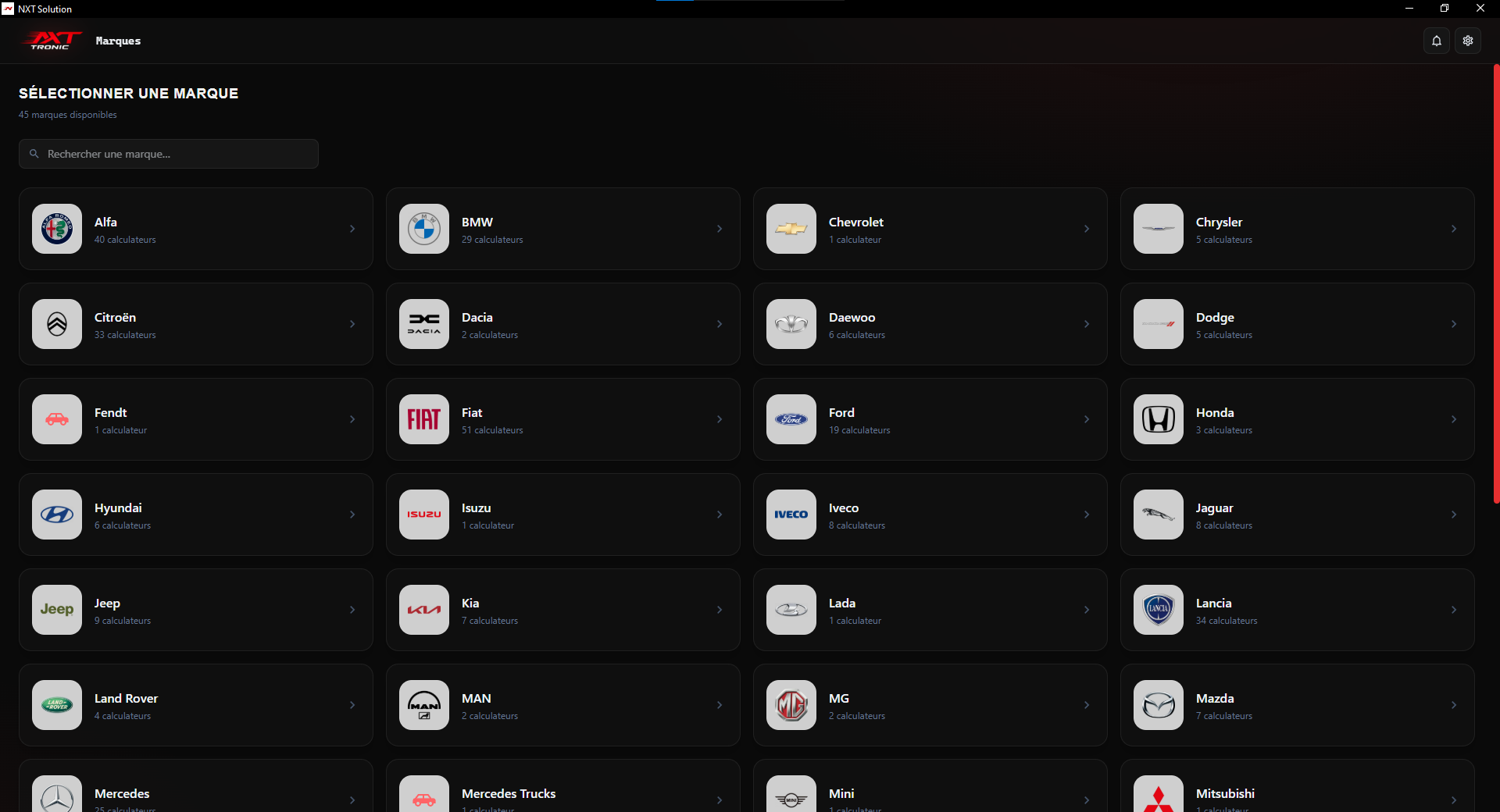 Liste des marques disponibles dans NXT Solution